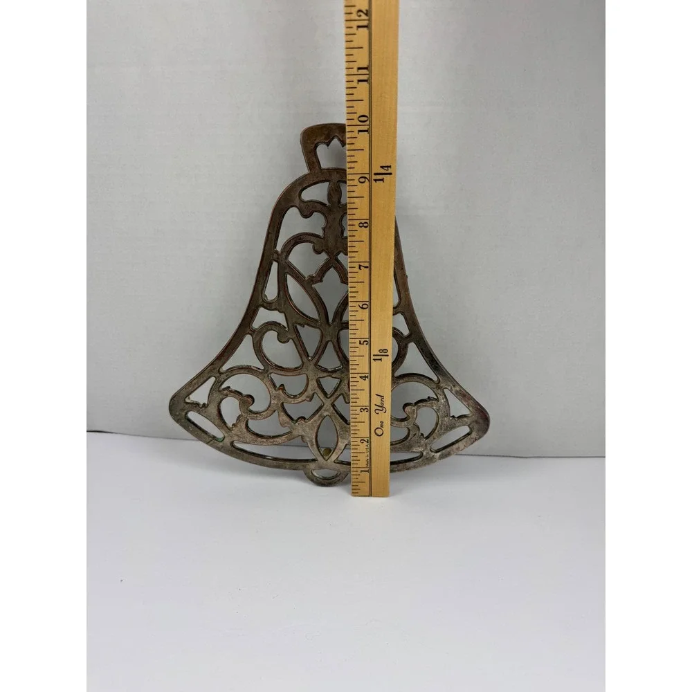 Vintage Bell Shaped Cast Metal Christmas Trivet Heart Scroll Work Wall Hanging